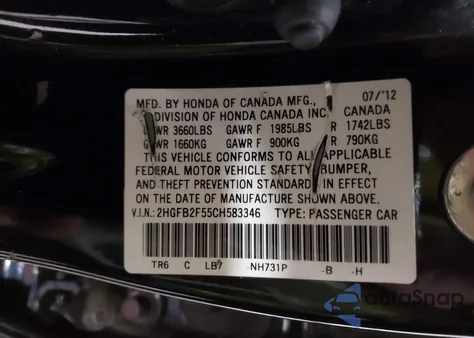 2012 Honda Civic Lx z USA, uszkodzony, nr VIN 2HGFB2F55CH583346